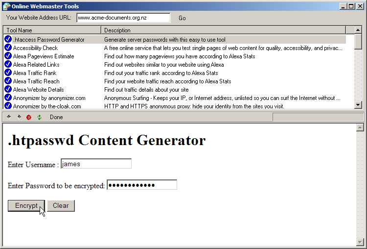 Creating a .htpasswd code using an online webmaster tool